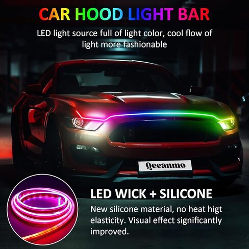 شريط إضاءة لغطاء السيارة 59 بوصة RGB LED أضواء خارجية مقاومة للماء متعددة الألوان للمسح الديناميكي لبدء تشغيل مجموعة غطاء محرك السيارة DRL أضواء النهار الجري للسيارات والشاحنات وسيارات الدفع الرباعي والتطبيق والتحكم عن بعد، 12 فولت in Kuwait