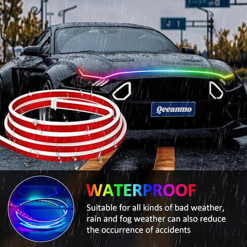 شريط إضاءة لغطاء السيارة 59 بوصة RGB LED أضواء خارجية مقاومة للماء متعددة الألوان للمسح الديناميكي لبدء تشغيل مجموعة غطاء محرك السيارة DRL أضواء النهار الجري للسيارات والشاحنات وسيارات الدفع الرباعي والتطبيق والتحكم عن بعد، 12 فولت in Kuwait