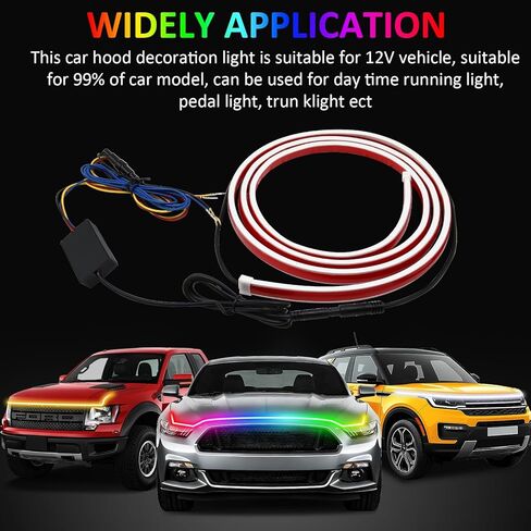شريط إضاءة لغطاء السيارة 59 بوصة RGB LED أضواء خارجية مقاومة للماء متعددة الألوان للمسح الديناميكي لبدء تشغيل مجموعة غطاء محرك السيارة DRL أضواء النهار الجري للسيارات والشاحنات وسيارات الدفع الرباعي والتطبيق والتحكم عن بعد، 12 فولت in Kuwait