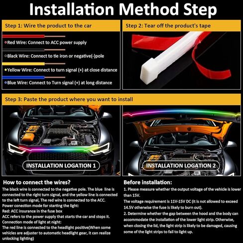 شريط إضاءة لغطاء السيارة 59 بوصة RGB LED أضواء خارجية مقاومة للماء متعددة الألوان للمسح الديناميكي لبدء تشغيل مجموعة غطاء محرك السيارة DRL أضواء النهار الجري للسيارات والشاحنات وسيارات الدفع الرباعي والتطبيق والتحكم عن بعد، 12 فولت in Kuwait