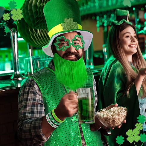 10 Pcs St Patrick's Day Costume Set Shamrock Hat with Faux Mustache St. Patrick Vest Sequin Bow Tie Beaded Shamrock Necklaces Bracelets Shamrock Shaped Glasses for Irish Party Decor (Medium) in Saudi Arabia