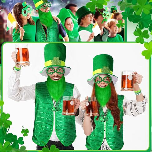 10 Pcs St Patrick's Day Costume Set Shamrock Hat with Faux Mustache St. Patrick Vest Sequin Bow Tie Beaded Shamrock Necklaces Bracelets Shamrock Shaped Glasses for Irish Party Decor (Medium) in Saudi Arabia