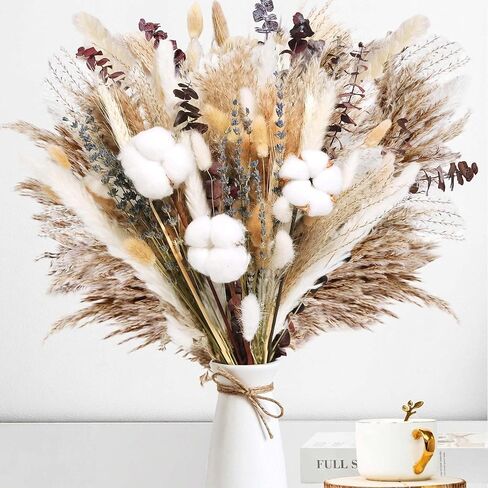120 قطعة من باقة زهور القطن الطبيعية المجففة - عشب بوهو بامباس مقاس 17 بوصة، واللافندر، وسيقان القطن، وذيول الأرنب، والأوكالبتوس والقمح - ديكور مزرعة بوهو ريفي للمزهرية، وحفلات الزفاف، والحرف اليدوية in Kuwait