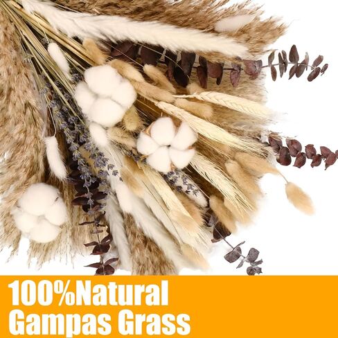 120 قطعة من باقة زهور القطن الطبيعية المجففة - عشب بوهو بامباس مقاس 17 بوصة، واللافندر، وسيقان القطن، وذيول الأرنب، والأوكالبتوس والقمح - ديكور مزرعة بوهو ريفي للمزهرية، وحفلات الزفاف، والحرف اليدوية in Kuwait