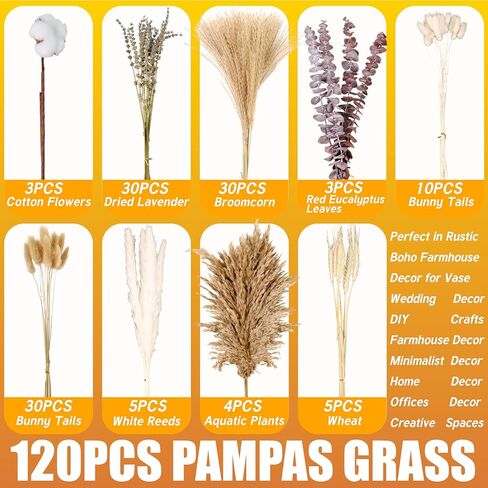 120 قطعة من باقة زهور القطن الطبيعية المجففة - عشب بوهو بامباس مقاس 17 بوصة، واللافندر، وسيقان القطن، وذيول الأرنب، والأوكالبتوس والقمح - ديكور مزرعة بوهو ريفي للمزهرية، وحفلات الزفاف، والحرف اليدوية in Kuwait