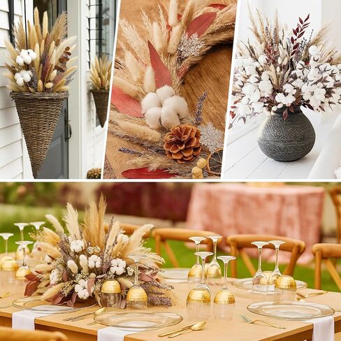 120 قطعة من باقة زهور القطن الطبيعية المجففة - عشب بوهو بامباس مقاس 17 بوصة، واللافندر، وسيقان القطن، وذيول الأرنب، والأوكالبتوس والقمح - ديكور مزرعة بوهو ريفي للمزهرية، وحفلات الزفاف، والحرف اليدوية in Kuwait