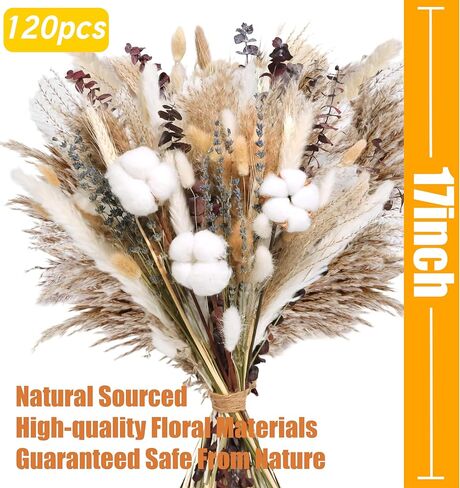 120 قطعة من باقة زهور القطن الطبيعية المجففة - عشب بوهو بامباس مقاس 17 بوصة، واللافندر، وسيقان القطن، وذيول الأرنب، والأوكالبتوس والقمح - ديكور مزرعة بوهو ريفي للمزهرية، وحفلات الزفاف، والحرف اليدوية in Kuwait