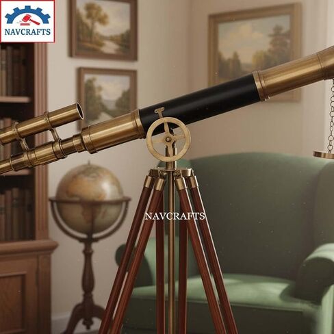 Antique Brass Telescope on Wooden Tripod | Vinatge Maritime Double Barrel Admirals Floor Standing Telescope Sailor Spyglass Royal Navy Telescopes for Home, Office, Living Room, Christmas Decor Gift in Saudi Arabia