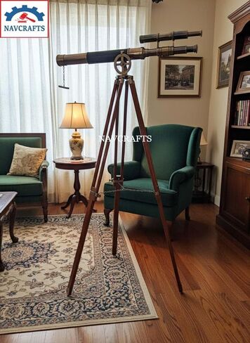Antique Brass Telescope on Wooden Tripod | Vinatge Maritime Double Barrel Admirals Floor Standing Telescope Sailor Spyglass Royal Navy Telescopes for Home, Office, Living Room, Christmas Decor Gift in Saudi Arabia