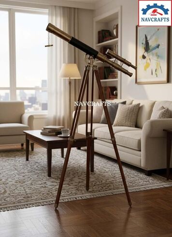 Antique Brass Telescope on Wooden Tripod | Vinatge Maritime Double Barrel Admirals Floor Standing Telescope Sailor Spyglass Royal Navy Telescopes for Home, Office, Living Room, Christmas Decor Gift in Saudi Arabia