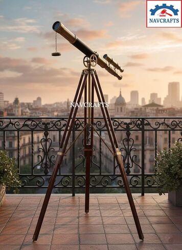 Antique Brass Telescope on Wooden Tripod | Vinatge Maritime Double Barrel Admirals Floor Standing Telescope Sailor Spyglass Royal Navy Telescopes for Home, Office, Living Room, Christmas Decor Gift in Saudi Arabia