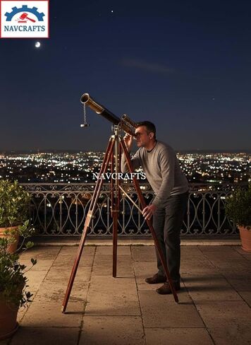 Antique Brass Telescope on Wooden Tripod | Vinatge Maritime Double Barrel Admirals Floor Standing Telescope Sailor Spyglass Royal Navy Telescopes for Home, Office, Living Room, Christmas Decor Gift in Saudi Arabia