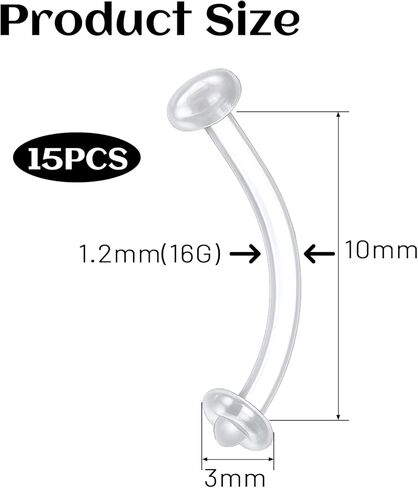 15 PCs Clear Eyebrow Piercing Curved 16G Acrylic Barbells Belly Piercing Retainers, Flexible Cartilage Earrings Eyebrow Tongue Rings Jewelry for Helix Tragus Daith Vertical Labret in Saudi Arabia