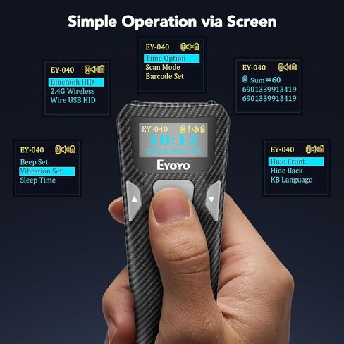 ماسح باركود Eyoyo Bluetooth مع شاشة: ماسح ضوئي صغير محمول لرمز الاستجابة السريعة 1D و2D لمتجر البيع بالتجزئة، كتاب المكتبة - قارئ رمز شريطي سلكي ولاسلكي USB متوافق مع iPhone iPad Android Phone Laptop in Kuwait