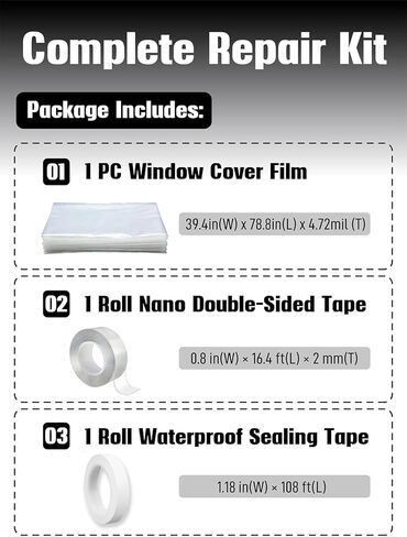 غطاء نافذة السيارة المؤقتة للزجاج المكسور، 78.7x39.4 بوصة فيلم بلاستيكي مقاوم للماء وأدوات إصلاح لإصلاحات الطوارئ لنافذة السيارة المكسورة، مجموعة استبدال مؤقتة لزجاج السيارات مع شريط مزدوج الجوانب in Kuwait