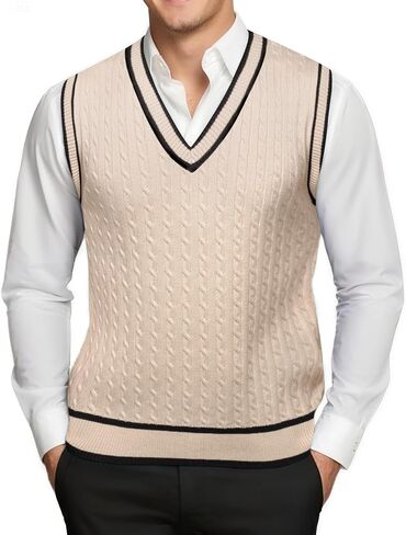 Barry.Wang Mens Sweater Vest Striped Cable Knit Sleeveless V-Neck Slim Fit Casual College Style Pullover Sweaters in Saudi Arabia