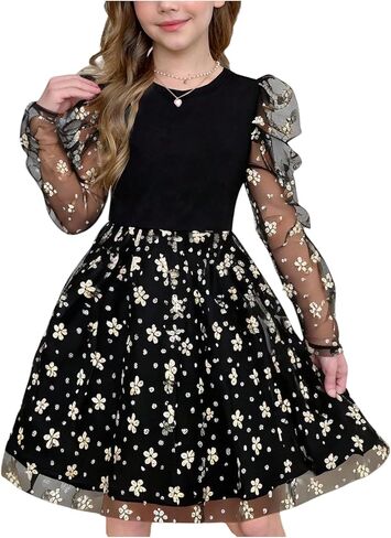 OYOANGLE Girl's Floral Embroidery Ruffle Dress Cute Mesh Puff Sleeve Flared Princess Dress in Saudi Arabia