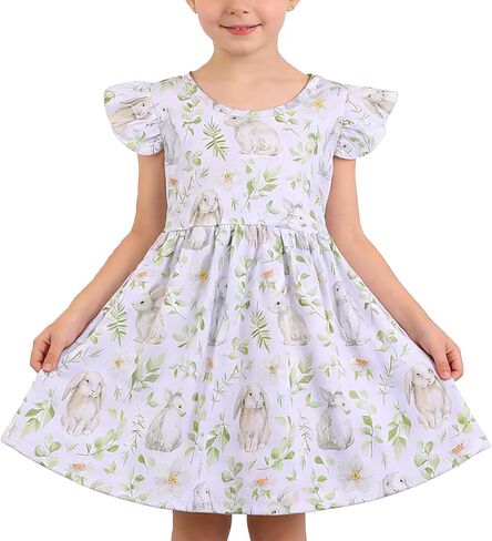فستان Yuromooon للفتيات الصغيرات لعيد الفصح بطباعة بيض الأرنب، فساتين بأكمام مرفرفة، ملابس من 3 إلى 8 سنوات in Kuwait