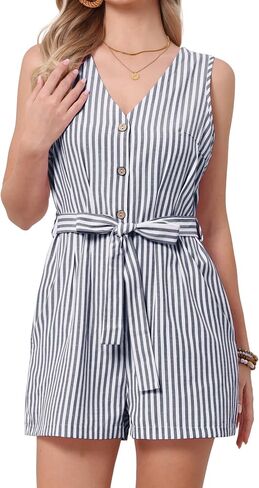 Allegra K Summer Romper for Women Striped Sleeveless V Neck Button Down Short Jumpsuit with Belt in Saudi Arabia