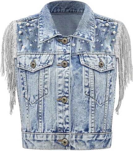 Women's Pearls Beading Denim Vest Sleeveless Sequin Fringe Jean Vest Casual Vintage Crop Top Vest in Kuwait