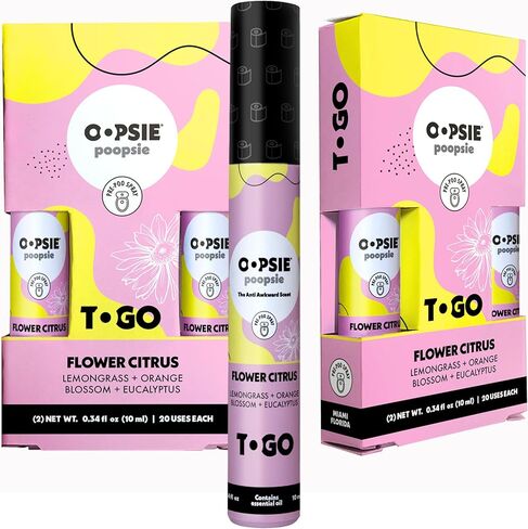 Oopsie Poopsie Before-You-Go Toilet Spray, Travel Essentials, Each Up to 50 Uses, On-The-Go Bathroom Odor Deodorizer with Essential Oils, TSA Approved Size, Flower Citrus 4 Pack, 0.34 Fl Oz in Saudi Arabia