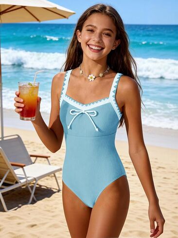 AMAWMW Girls Swimsuit One Piece Bathing Suit Ribbed Adjustable Straps Swimwear with Chest Pad Size 7-16Y in Kuwait