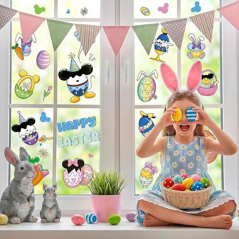 Easter Window Clings for Glass Decorations - 60 Pcs Double-Sided Happy Easter Sticker Cute Bunny Egg Rabbit Gel Window Clings Spring Window Decals Film Duck Mouse Decor for Office Classroom Home Wall in Saudi Arabia