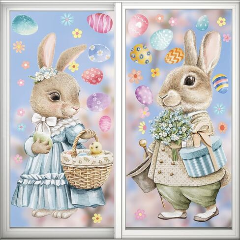 2 Pcs Large Easter Bunny Window Clings, 23.62"×11.81" Static Vintage Easter Rabbit Egg Window Stickers for Glass Window Decor, Double-Sided Decorations for School Home Party Supplies in Saudi Arabia