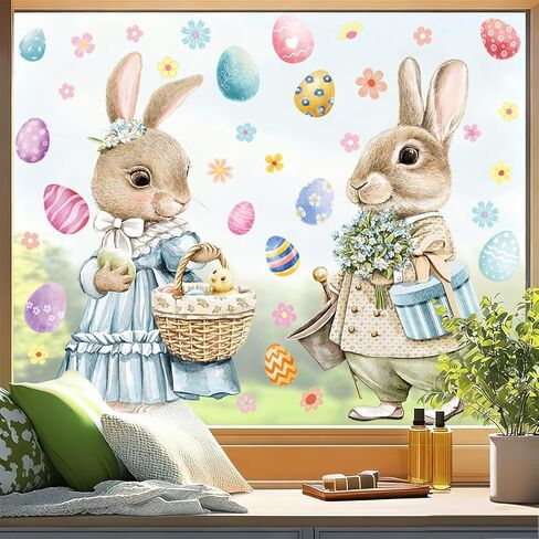 2 Pcs Large Easter Bunny Window Clings, 23.62"×11.81" Static Vintage Easter Rabbit Egg Window Stickers for Glass Window Decor, Double-Sided Decorations for School Home Party Supplies in Saudi Arabia