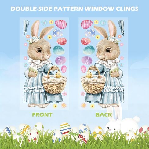 2 Pcs Large Easter Bunny Window Clings, 23.62"×11.81" Static Vintage Easter Rabbit Egg Window Stickers for Glass Window Decor, Double-Sided Decorations for School Home Party Supplies in Saudi Arabia