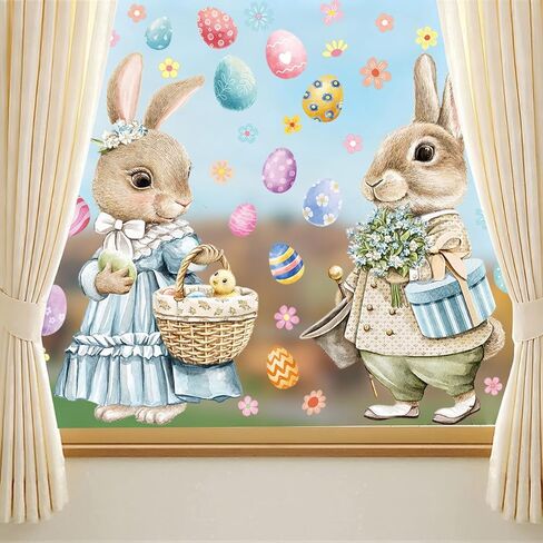 2 Pcs Large Easter Bunny Window Clings, 23.62"×11.81" Static Vintage Easter Rabbit Egg Window Stickers for Glass Window Decor, Double-Sided Decorations for School Home Party Supplies in Saudi Arabia