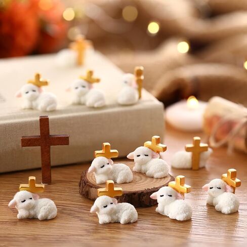 Wesiti 50pcs Easter Miniature Resin Sheep Figurines White Mini Sheep Lamb of God with Cross Religious Animal Decoration Christian Gift for Cake Topper First Communion Baptism Gifts(Lovely Style) in Saudi Arabia