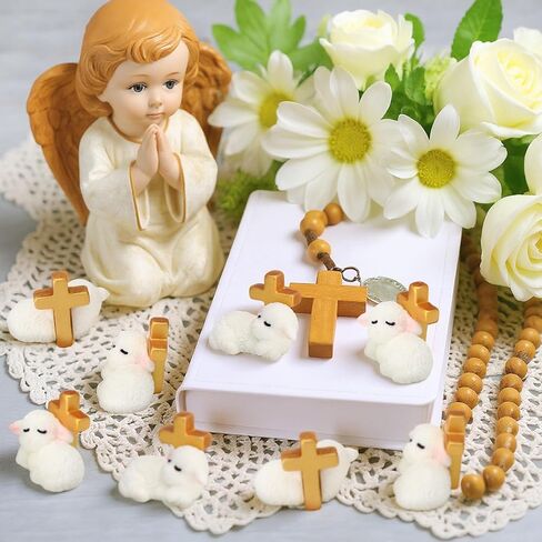 Wesiti 50pcs Easter Miniature Resin Sheep Figurines White Mini Sheep Lamb of God with Cross Religious Animal Decoration Christian Gift for Cake Topper First Communion Baptism Gifts(Lovely Style) in Saudi Arabia