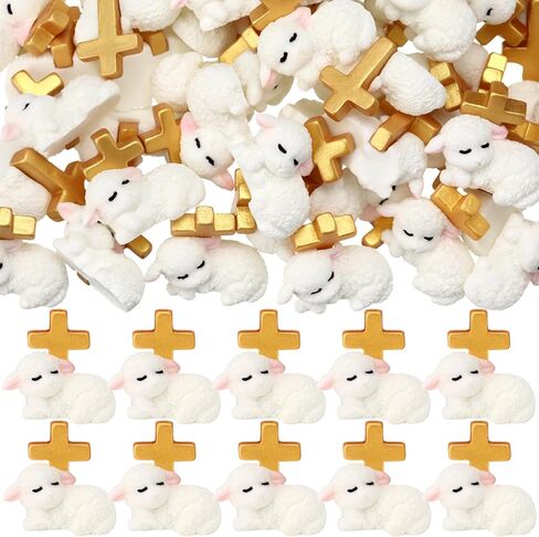 Wesiti 50pcs Easter Miniature Resin Sheep Figurines White Mini Sheep Lamb of God with Cross Religious Animal Decoration Christian Gift for Cake Topper First Communion Baptism Gifts(Lovely Style) in Saudi Arabia