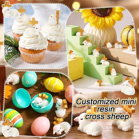 Wesiti 50pcs Easter Miniature Resin Sheep Figurines White Mini Sheep Lamb of God with Cross Religious Animal Decoration Christian Gift for Cake Topper First Communion Baptism Gifts(Lovely Style) in Saudi Arabia