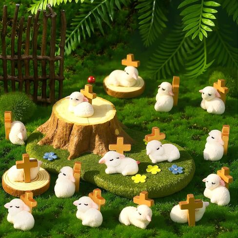 Wesiti 50pcs Easter Miniature Resin Sheep Figurines White Mini Sheep Lamb of God with Cross Religious Animal Decoration Christian Gift for Cake Topper First Communion Baptism Gifts(Lovely Style) in Saudi Arabia