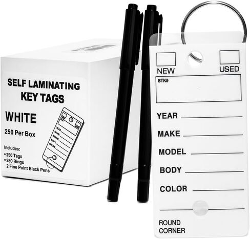 Self Laminating Key Tags for Car, Truck, RV Dealership or Shop. 250 Self Protecting White Car Key Tags with Chrome Rings and 2 Fine Point Pens. in Kuwait