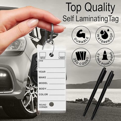 Self Laminating Key Tags for Car, Truck, RV Dealership or Shop. 250 Self Protecting White Car Key Tags with Chrome Rings and 2 Fine Point Pens. in Kuwait