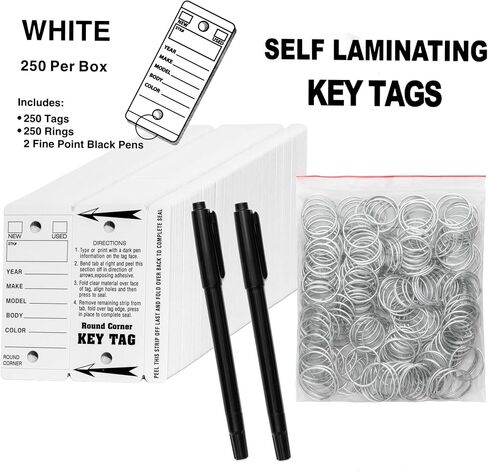Self Laminating Key Tags for Car, Truck, RV Dealership or Shop. 250 Self Protecting White Car Key Tags with Chrome Rings and 2 Fine Point Pens. in Kuwait