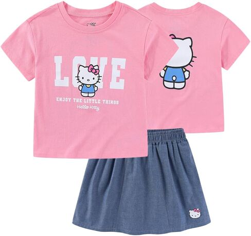 Hello Kitty Sanrio Girls Short Sleeve T-Shirt and Chambray Skort Skirt 2 Piece Set for Big Kids in Saudi Arabia