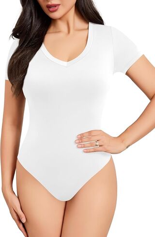 Laughido Women's V Neck Short Sleeve Fitted Bodysuit Summer Basic Casual Double Lined Tee Shirt Tops in Saudi Arabia