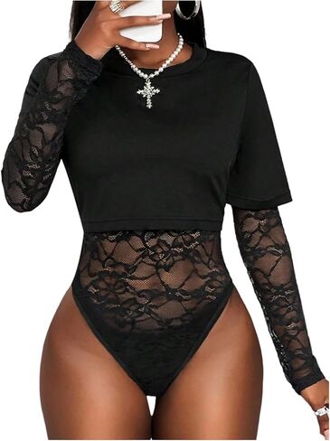 WDIRARA Women's Floral Lace Long Sleeve Bodysuit 2 in 1 Leotard Tops Night Out Body Suit in Saudi Arabia