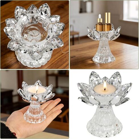 قطعة واحدة من حامل ضوء الشاي الكريستالي الفضي، شمعدان زجاجي لزهرة اللوتس، شمعة نذرية لقطعة الطاولة المركزية، ديكور حفلات الزفاف، هدية لطيفة in Kuwait