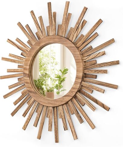 مرآة بوهو صن برست مقاس 24 بوصة، مرآة خشبية مستديرة لتزيين الحائط مرآة شمسية لغرفة النوم وغرفة المعيشة والحمام والممر والشرفة ومدخل المزرعة وهدية الانتقال لمنزل جديد in Kuwait