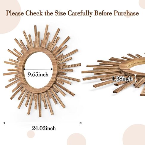 مرآة بوهو صن برست مقاس 24 بوصة، مرآة خشبية مستديرة لتزيين الحائط مرآة شمسية لغرفة النوم وغرفة المعيشة والحمام والممر والشرفة ومدخل المزرعة وهدية الانتقال لمنزل جديد in Kuwait