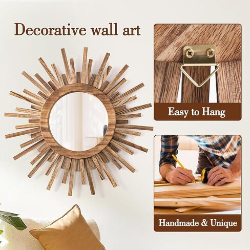 مرآة بوهو صن برست مقاس 24 بوصة، مرآة خشبية مستديرة لتزيين الحائط مرآة شمسية لغرفة النوم وغرفة المعيشة والحمام والممر والشرفة ومدخل المزرعة وهدية الانتقال لمنزل جديد in Kuwait