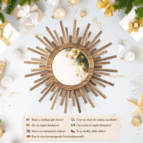 مرآة بوهو صن برست مقاس 24 بوصة، مرآة خشبية مستديرة لتزيين الحائط مرآة شمسية لغرفة النوم وغرفة المعيشة والحمام والممر والشرفة ومدخل المزرعة وهدية الانتقال لمنزل جديد in Kuwait