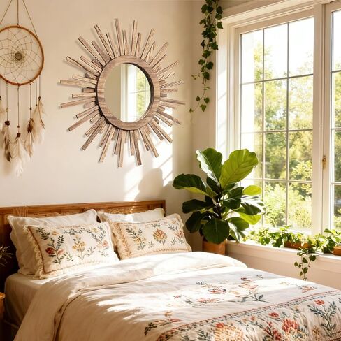 مرآة بوهو صن برست مقاس 24 بوصة، مرآة خشبية مستديرة لتزيين الحائط مرآة شمسية لغرفة النوم وغرفة المعيشة والحمام والممر والشرفة ومدخل المزرعة وهدية الانتقال لمنزل جديد in Kuwait