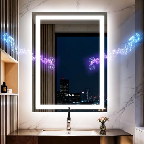 مرآة حمام LED مقاس 20 × 28 بوصة مع أضواء، مكبر صوت بلوتوث مزدوج، مضاد للضباب، 3 درجات حرارة ألوان، سطوع خافت، وظيفة الذاكرة، مقاومة للماء، تصميم مثبت على الحائط، زجاج مقسى in Saudi Arabia