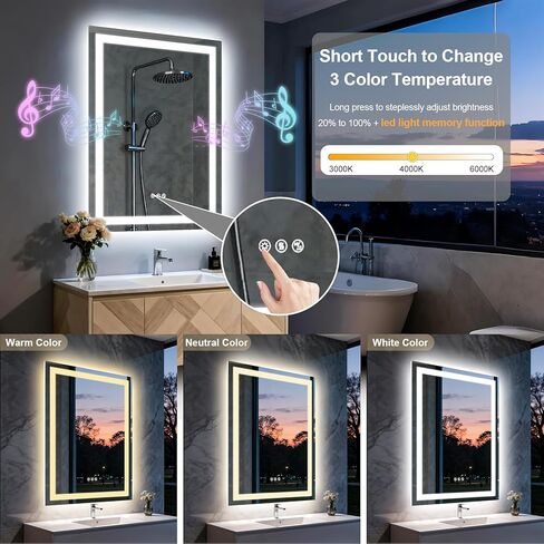 مرآة حمام LED مقاس 20 × 28 بوصة مع أضواء، مكبر صوت بلوتوث مزدوج، مضاد للضباب، 3 درجات حرارة ألوان، سطوع خافت، وظيفة الذاكرة، مقاومة للماء، تصميم مثبت على الحائط، زجاج مقسى in Saudi Arabia